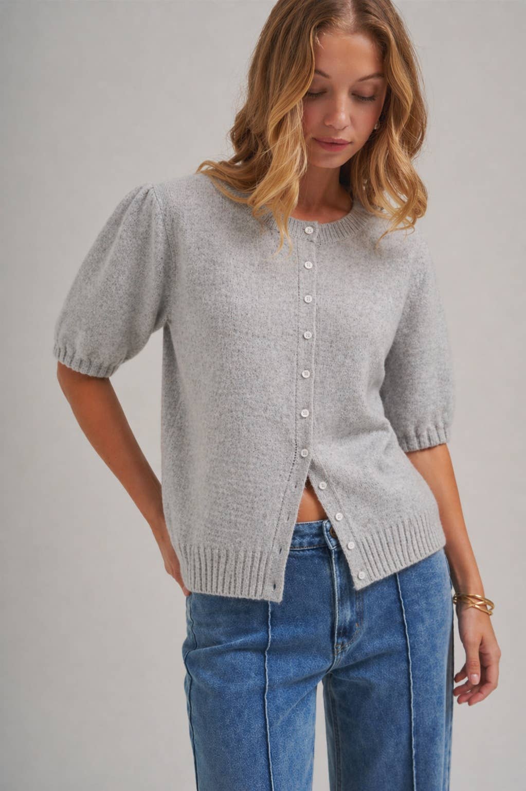 SHORT SLEEVE RELAXED FIT CARDIGAN _JLT00295-01: OATMEAL / S-M-L(2-2-2)