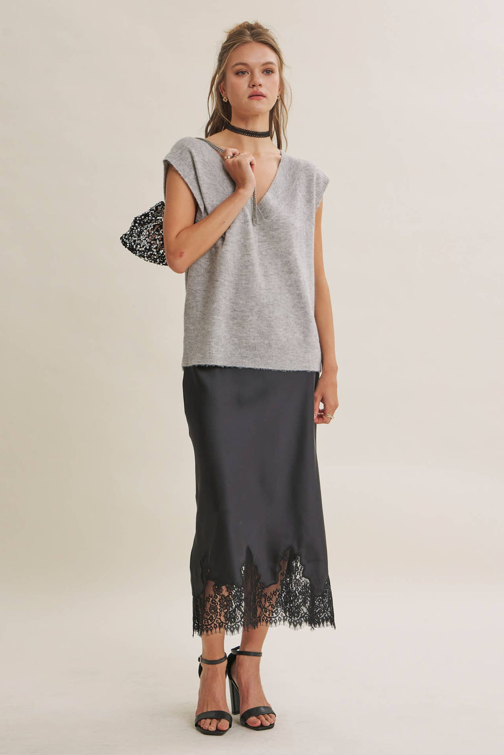 UNEXPECTED ELEGANT FRENCH LACE SATIN MIDI SKIRT: BLACK / L
