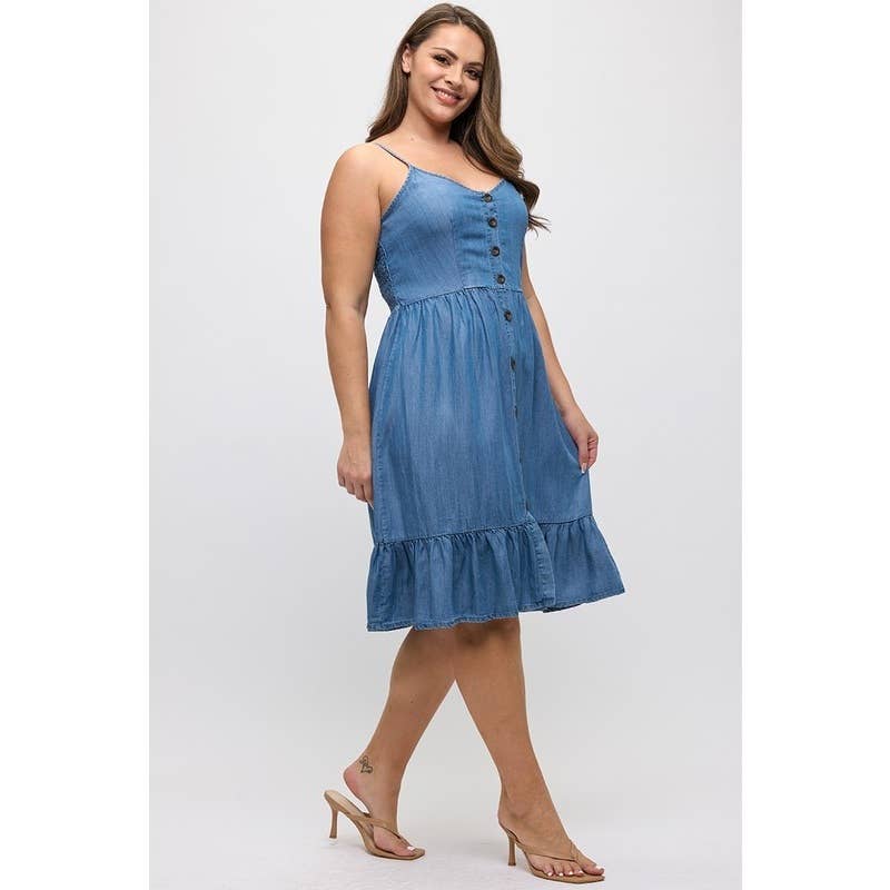 PLUS SIZE DENIM TENCEL BUTTON FRONT RUFFLE HEM MINI DRESS: DENIM BLUE / 2X