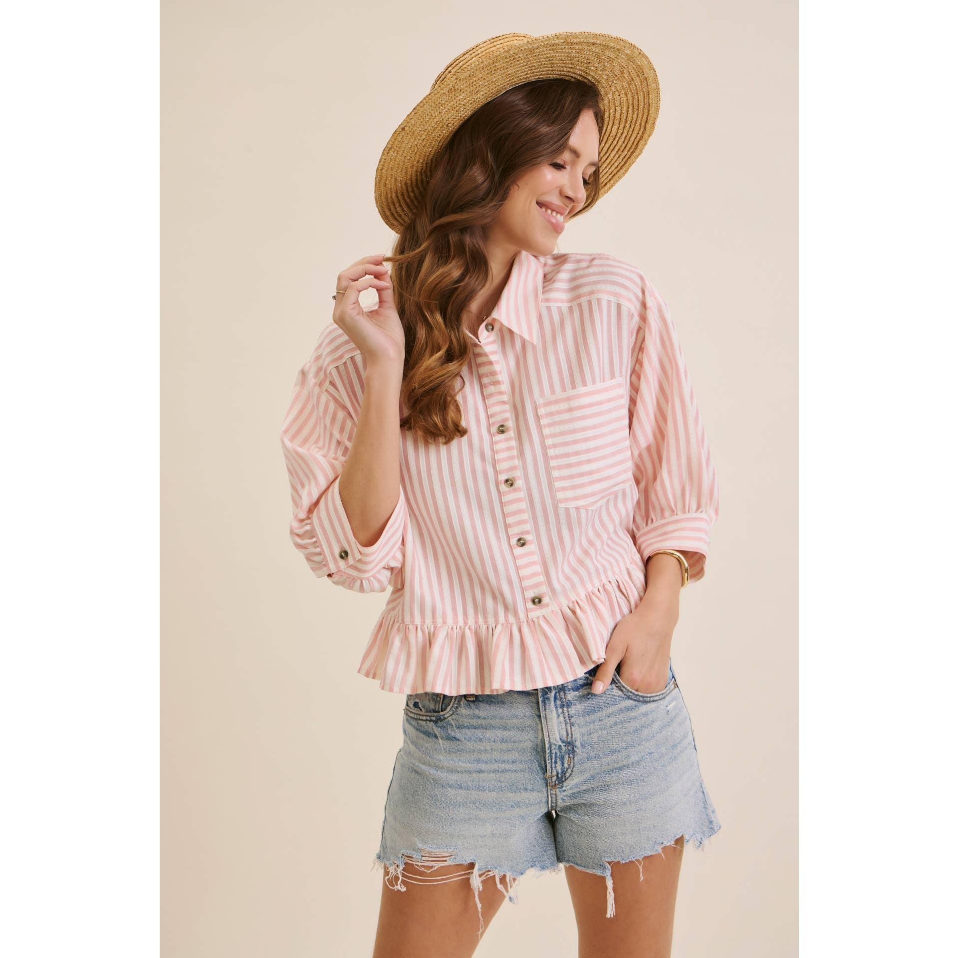 YEAR-ROUND CLASSIC COTTON STRIPE BUTTON-DOWN PEPLUM SHIRT: CLOVER GREEN / L