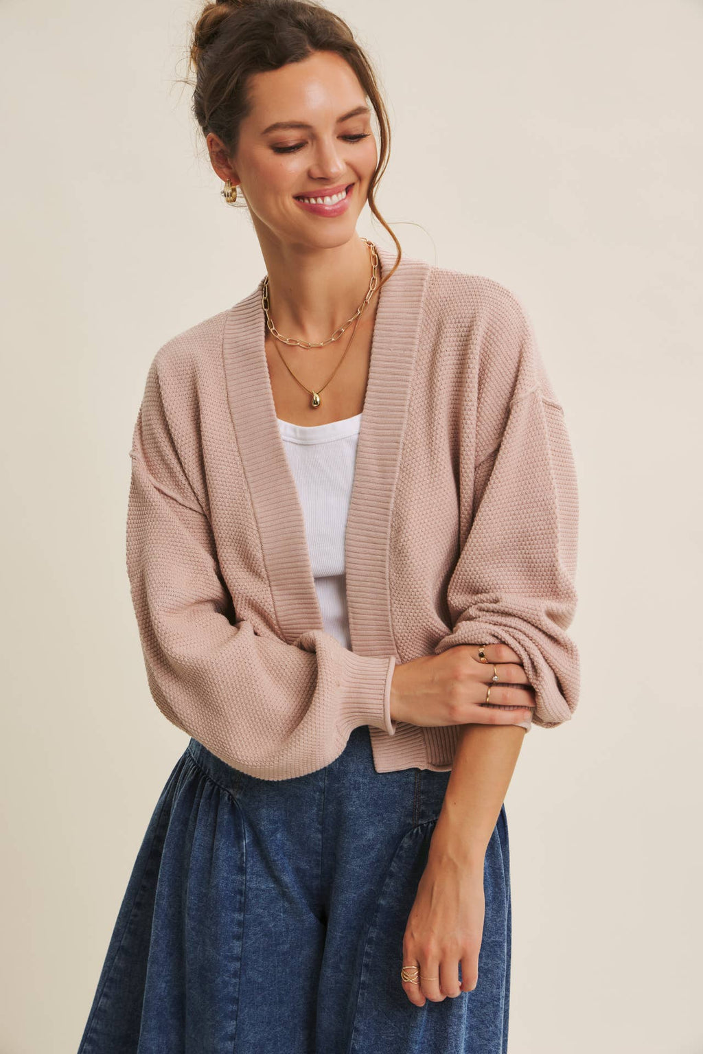 EVERYDAY ESEENTIAL EASY LAYERING BALLOON SLV WAFFLE CARDIGAN