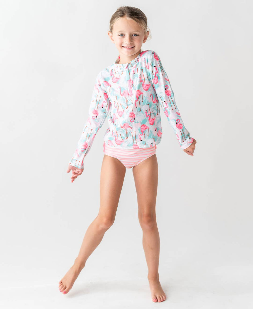 Girls Vibrant Flamingo Long Sleeve Zipper Rash Guard 2-Piece Swimsuit with Signature Rear Ruffles
