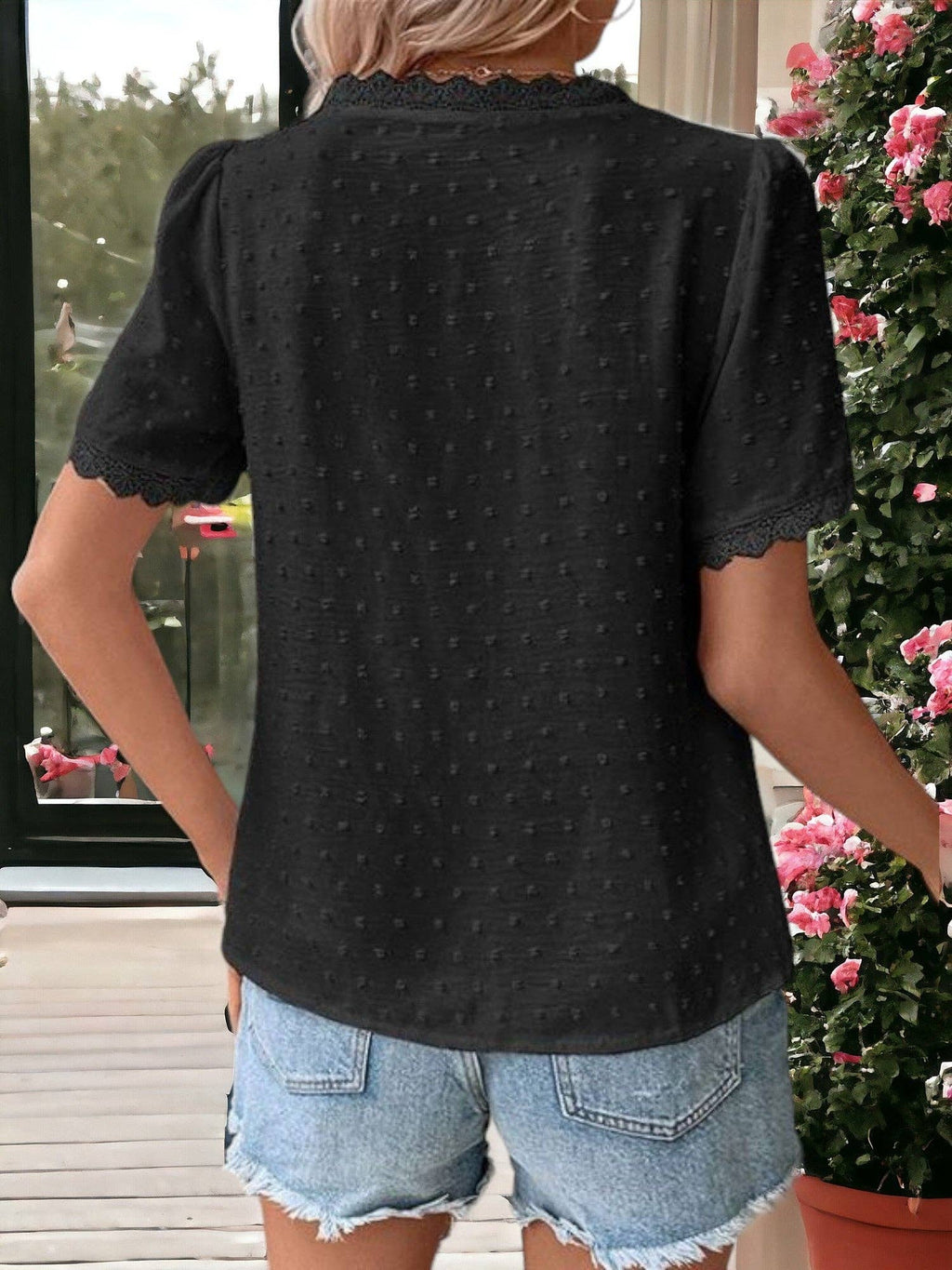 Lace Detailed V-Neck Short Sleeved Blouse: Olive Green / XL 16-18