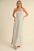 STRIPED LONG BACK TIE STRAPLESS MAXI DRESS: IVORY