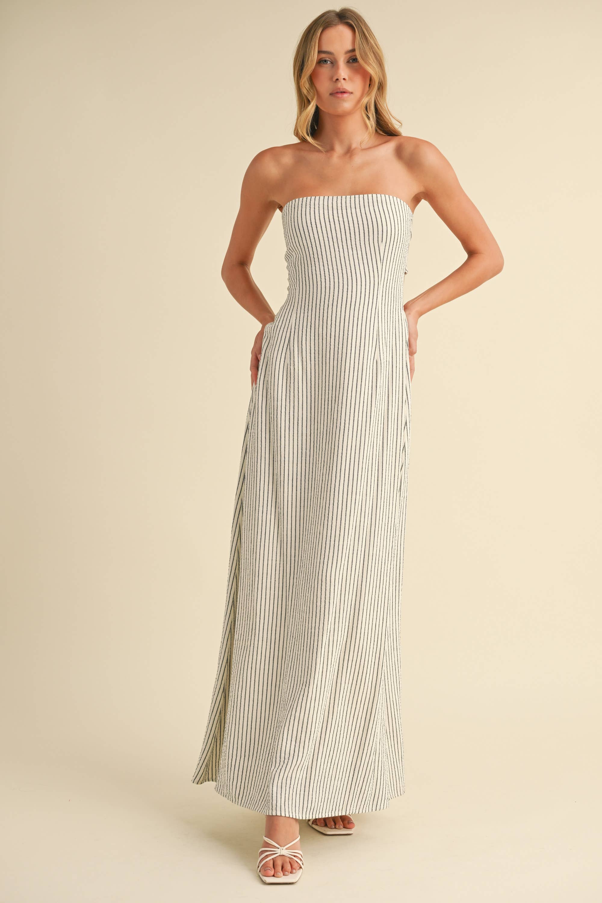 STRIPED LONG BACK TIE STRAPLESS MAXI DRESS: IVORY