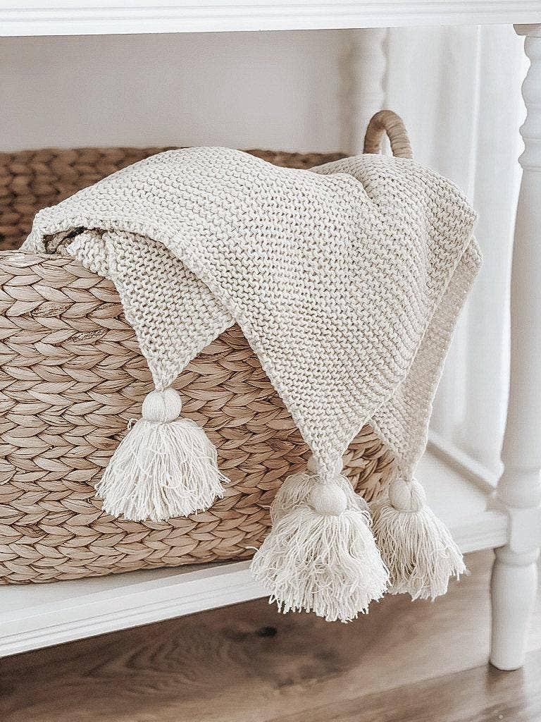Knit Throw Blanket - Knit Throw Blanket With Tassels | Cozy: Grey
