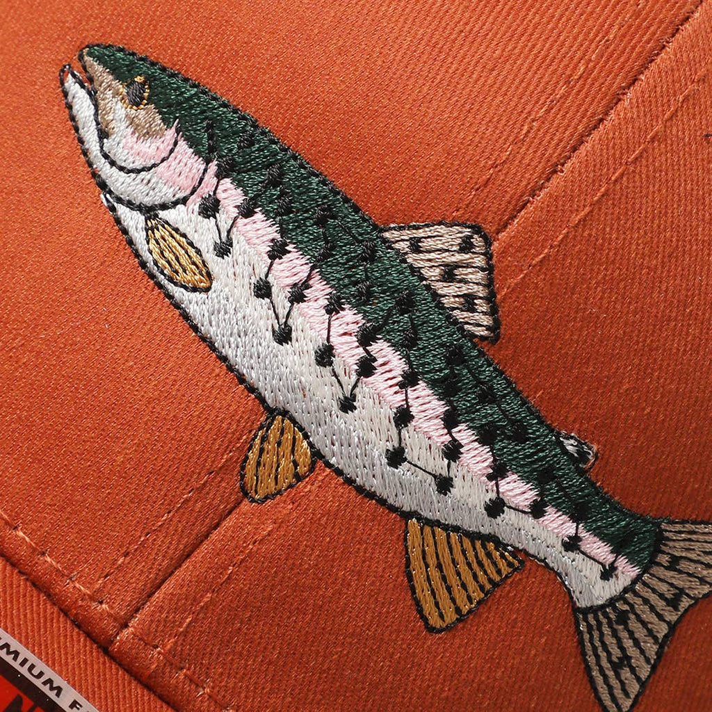 Rainbow Trout Fish Embroidered Mesh Back Trucker Hat: HeatherGray/HeatherGray/White / ONE SIZE