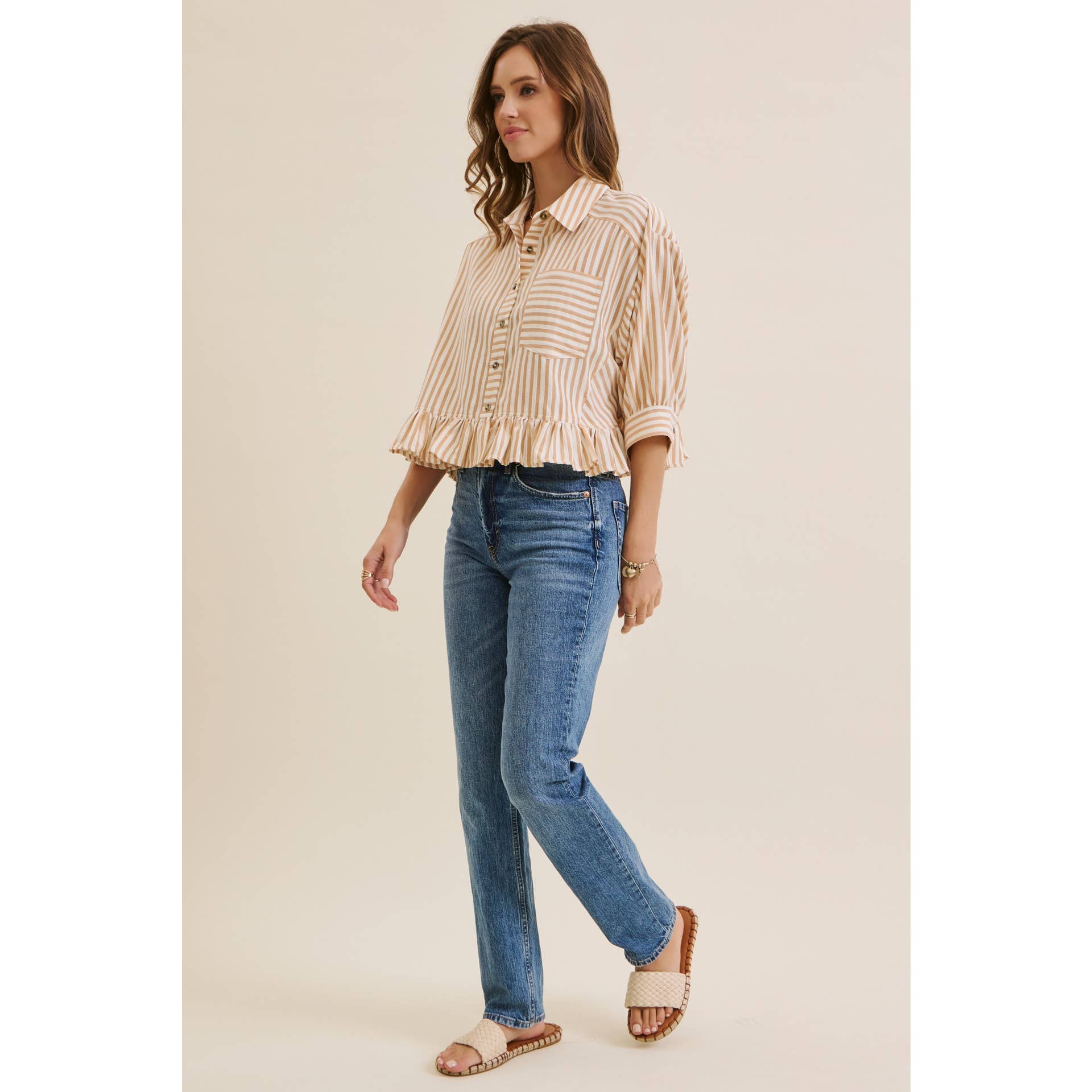 YEAR-ROUND CLASSIC COTTON STRIPE BUTTON-DOWN PEPLUM SHIRT: CLOVER GREEN / L