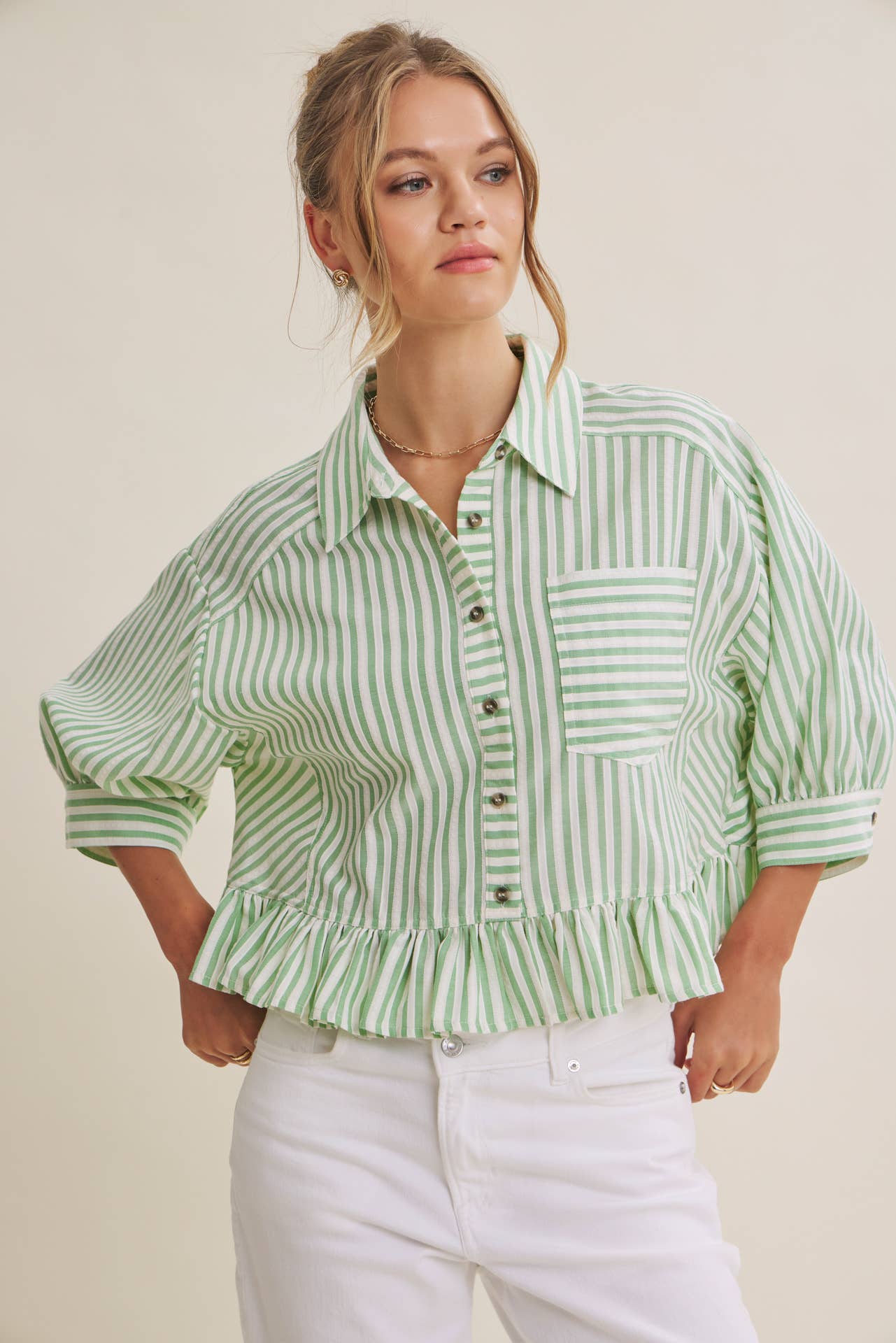 YEAR-ROUND CLASSIC COTTON STRIPE BUTTON-DOWN PEPLUM SHIRT: CLOVER GREEN / S