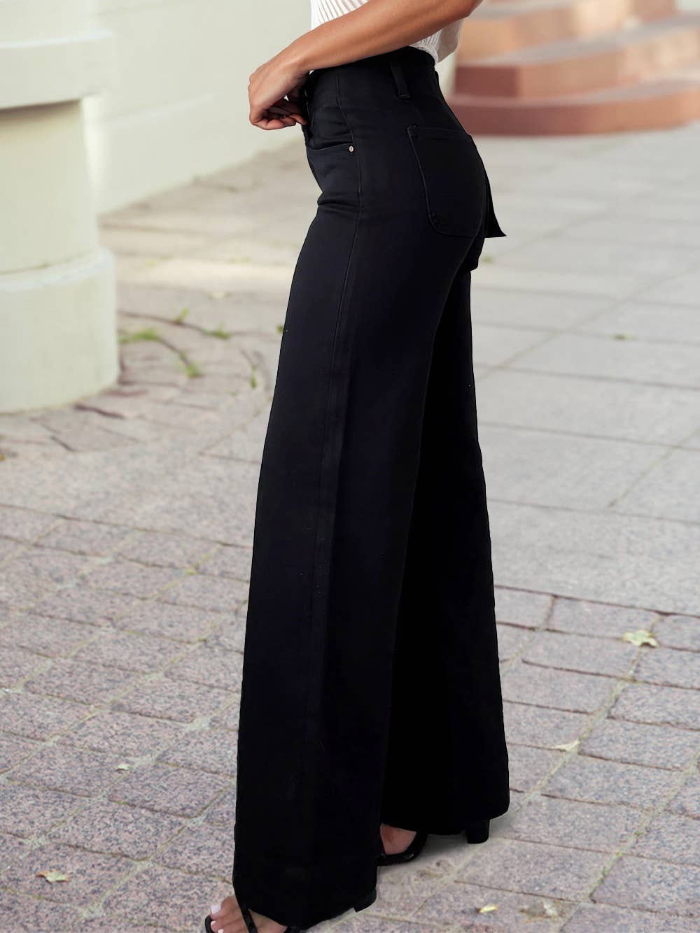 High Waisted Double Button Wide Leg Elastic Denim Jeans: Black / 14
