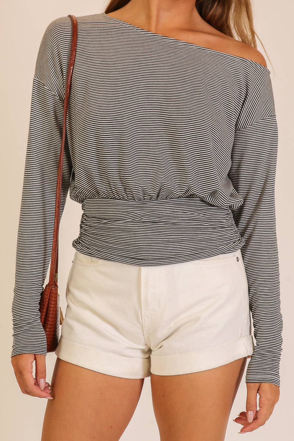 Striped One-Shoulder Ruched Waist Top