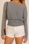 Striped One-Shoulder Ruched Waist Top