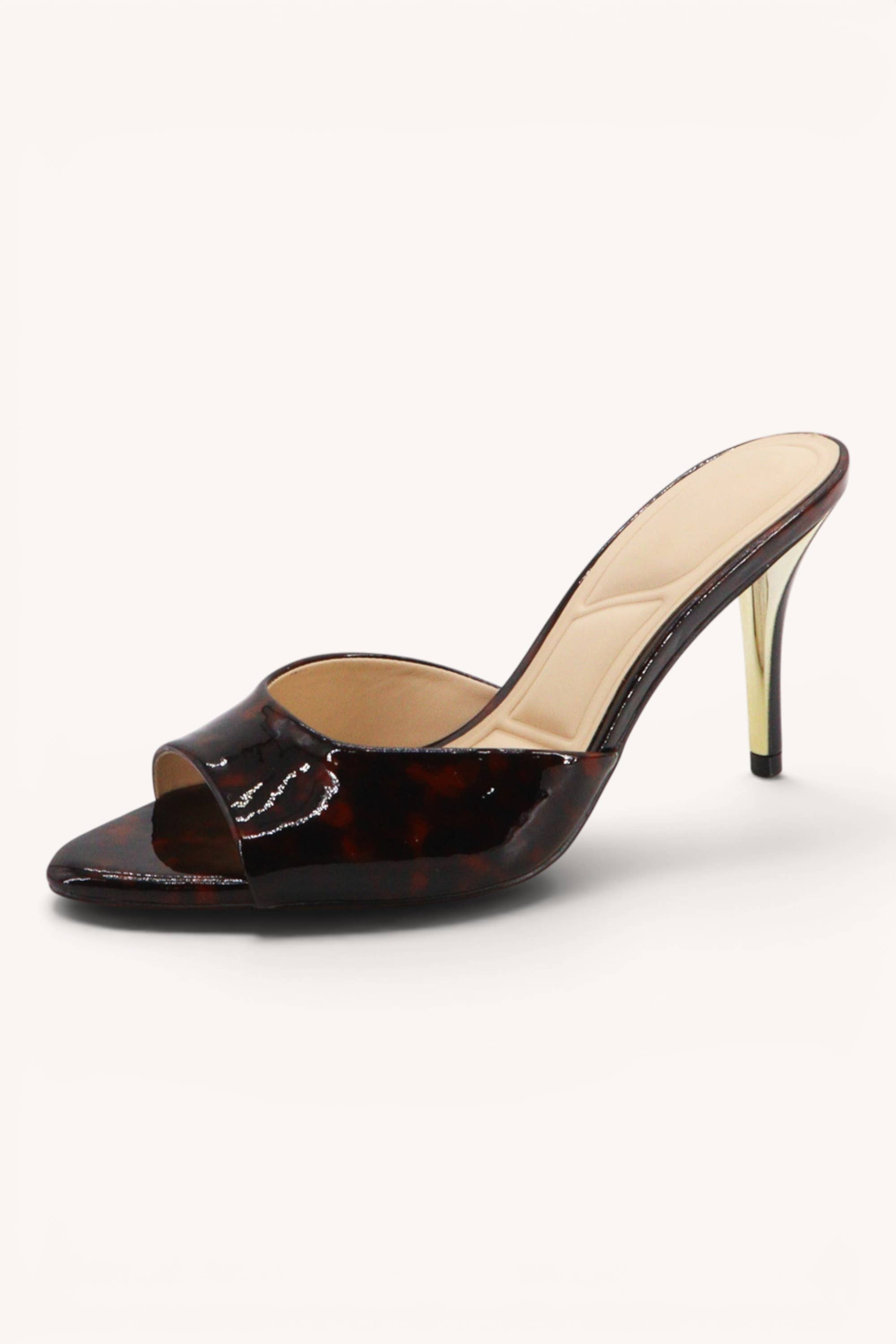 FEROCIOUS-08 Glossy Stiletto Mule Heels Trendy Open Toe Sand: TORTOISE / A12