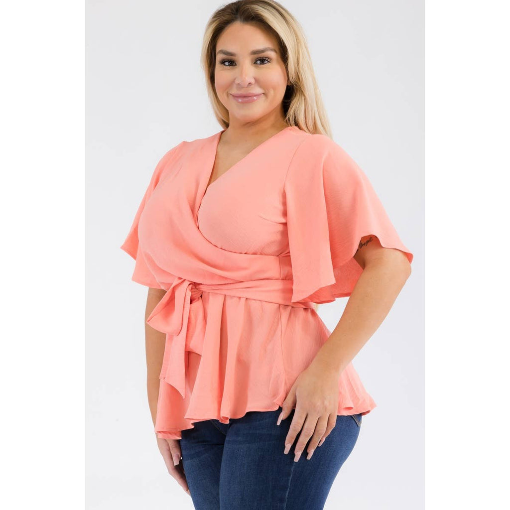 PLUS SIZE SURPLICE TIE WAIST PEPLUM BLOUSE: Black / 2X