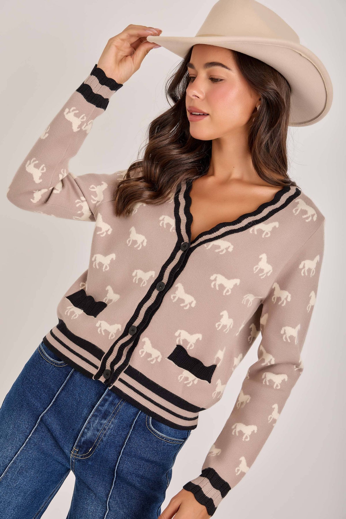 SUPER SOFT HORSE PRINT KNIT CARDIGAN_JLT00386-01: OATMEAL COMBO / S-M-L(2-2-2)