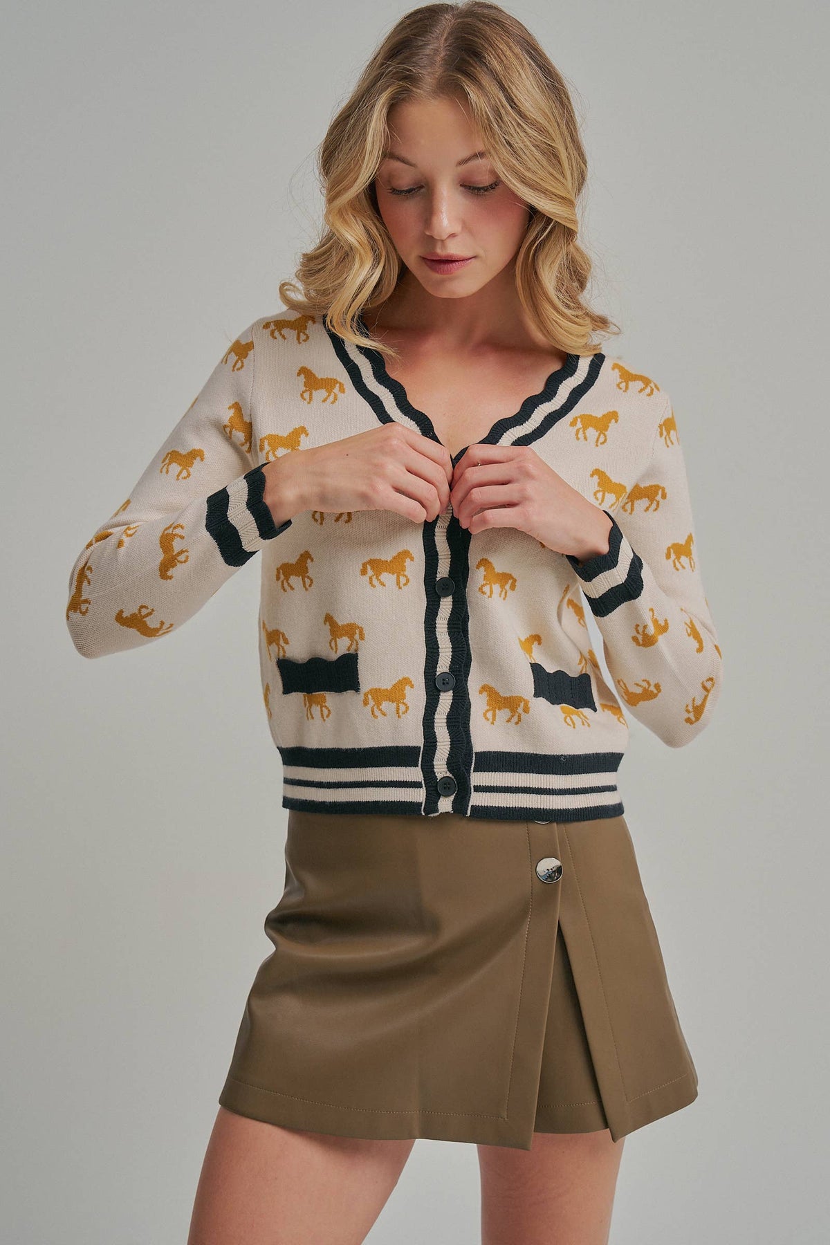 SUPER SOFT HORSE PRINT KNIT CARDIGAN_JLT00386-01: OATMEAL COMBO / S-M-L(2-2-2)