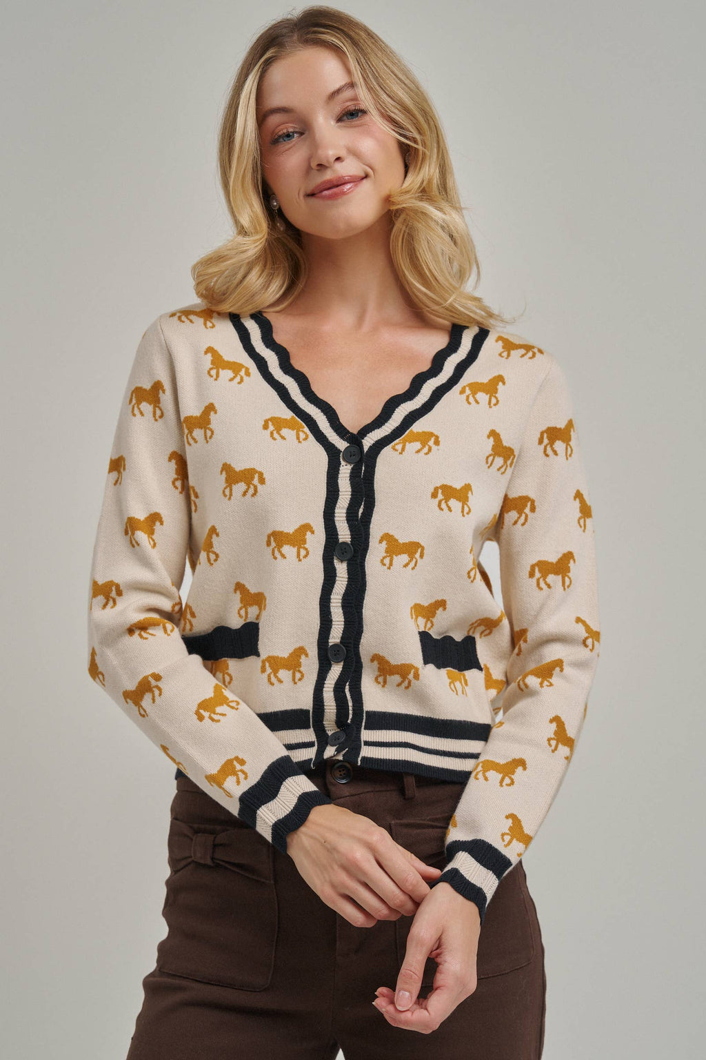 SUPER SOFT HORSE PRINT KNIT CARDIGAN_JLT00386-01: OATMEAL COMBO / S-M-L(2-2-2)