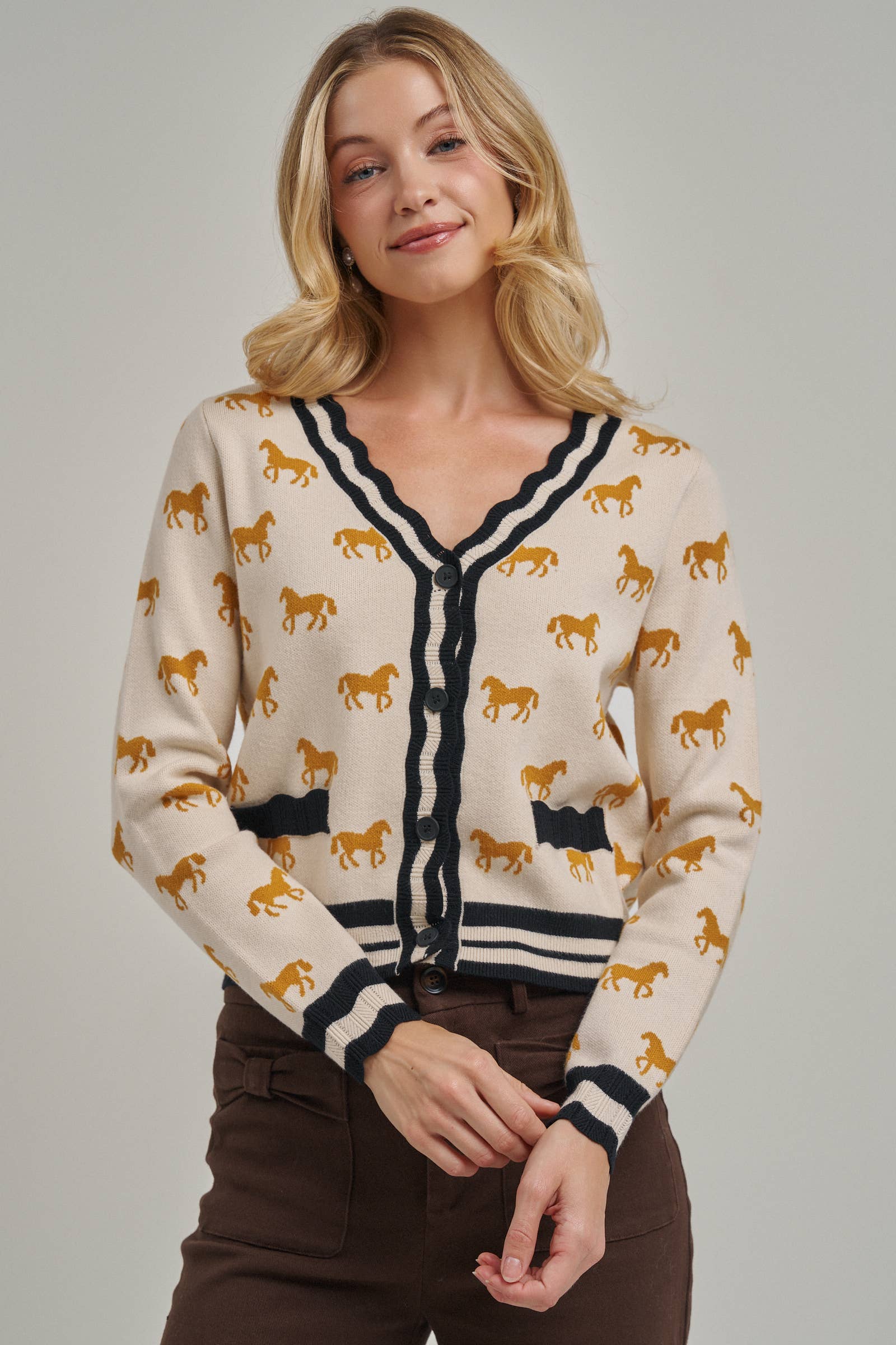 SUPER SOFT HORSE PRINT KNIT CARDIGAN_JLT00386-01: OATMEAL COMBO / S-M-L(2-2-2)