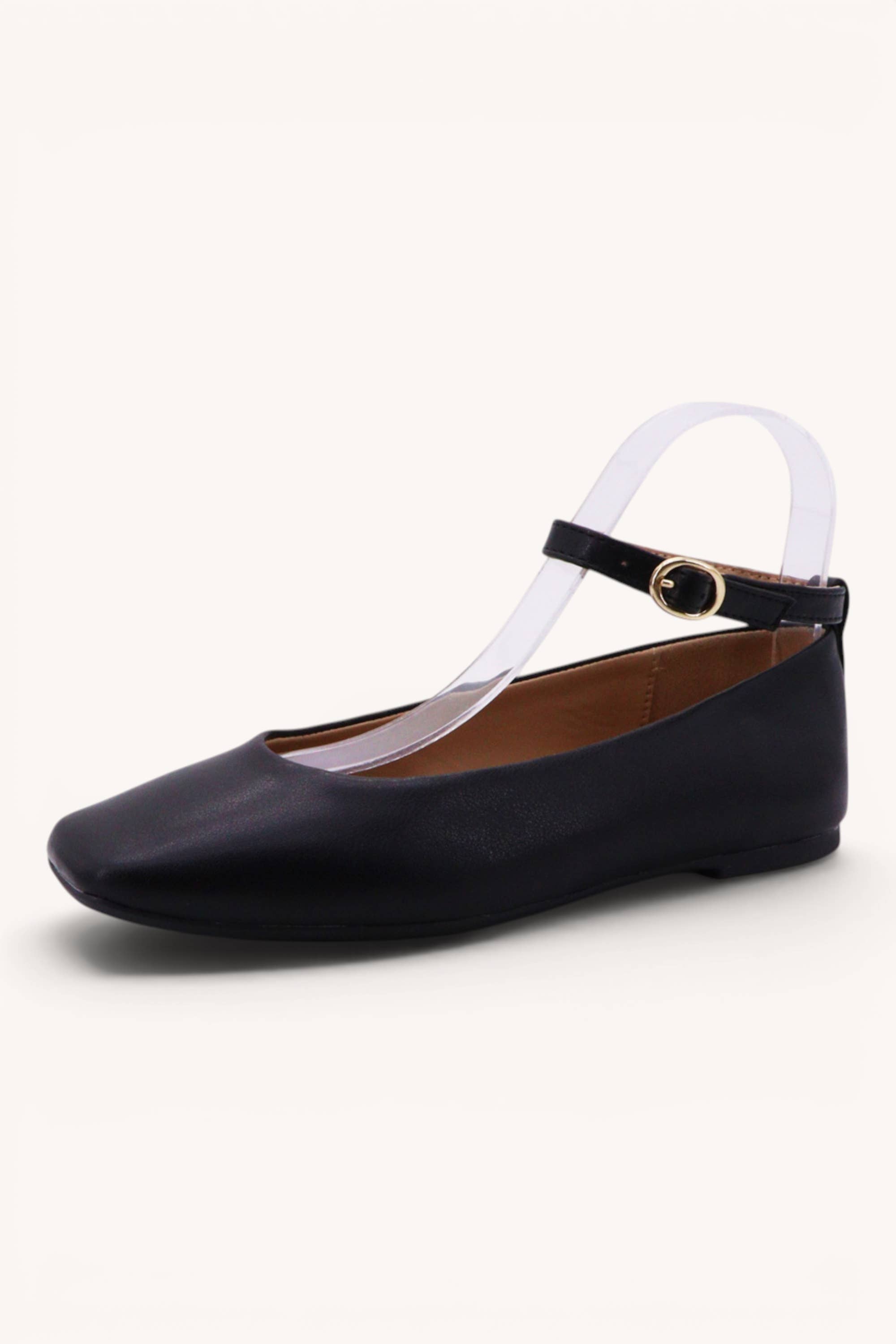 GLOBAL-25X Ankle Strap Ballet Flats with Square Toe: TOBACCO SU / A12