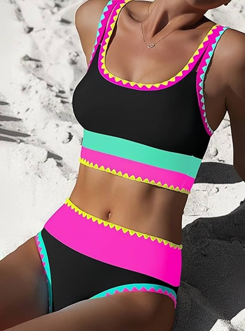 Colorblock High Waisted Bikini Set with Scalloped Trim