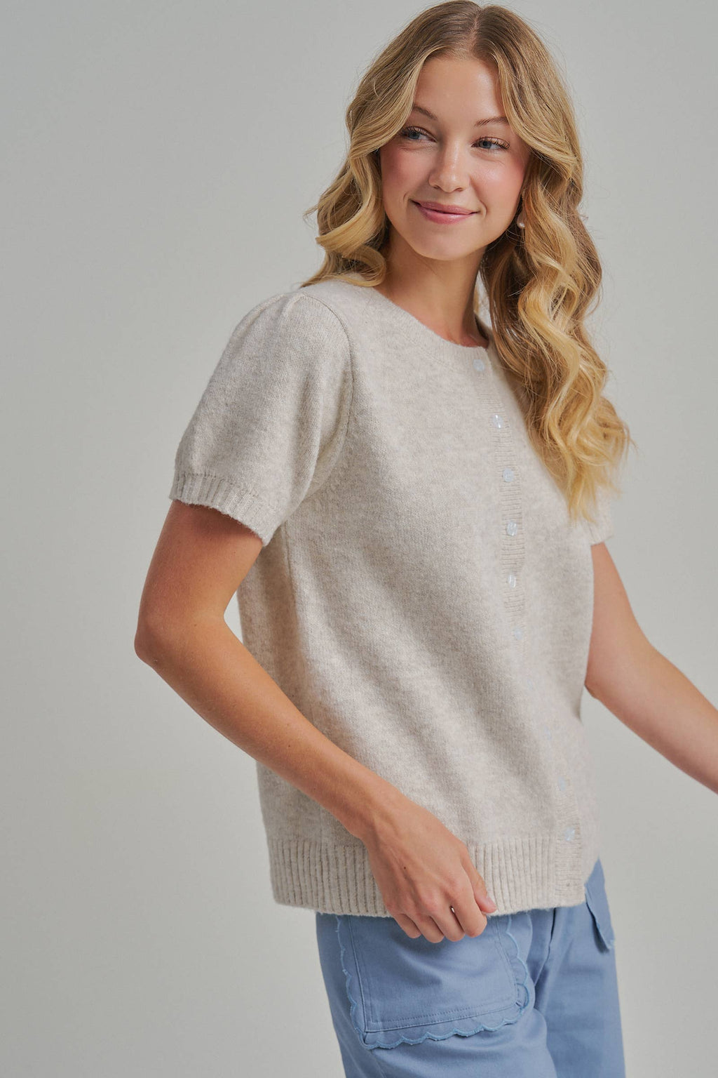 SHORT SLEEVE RELAXED FIT CARDIGAN _JLT00295-01: OATMEAL / S-M-L(2-2-2)