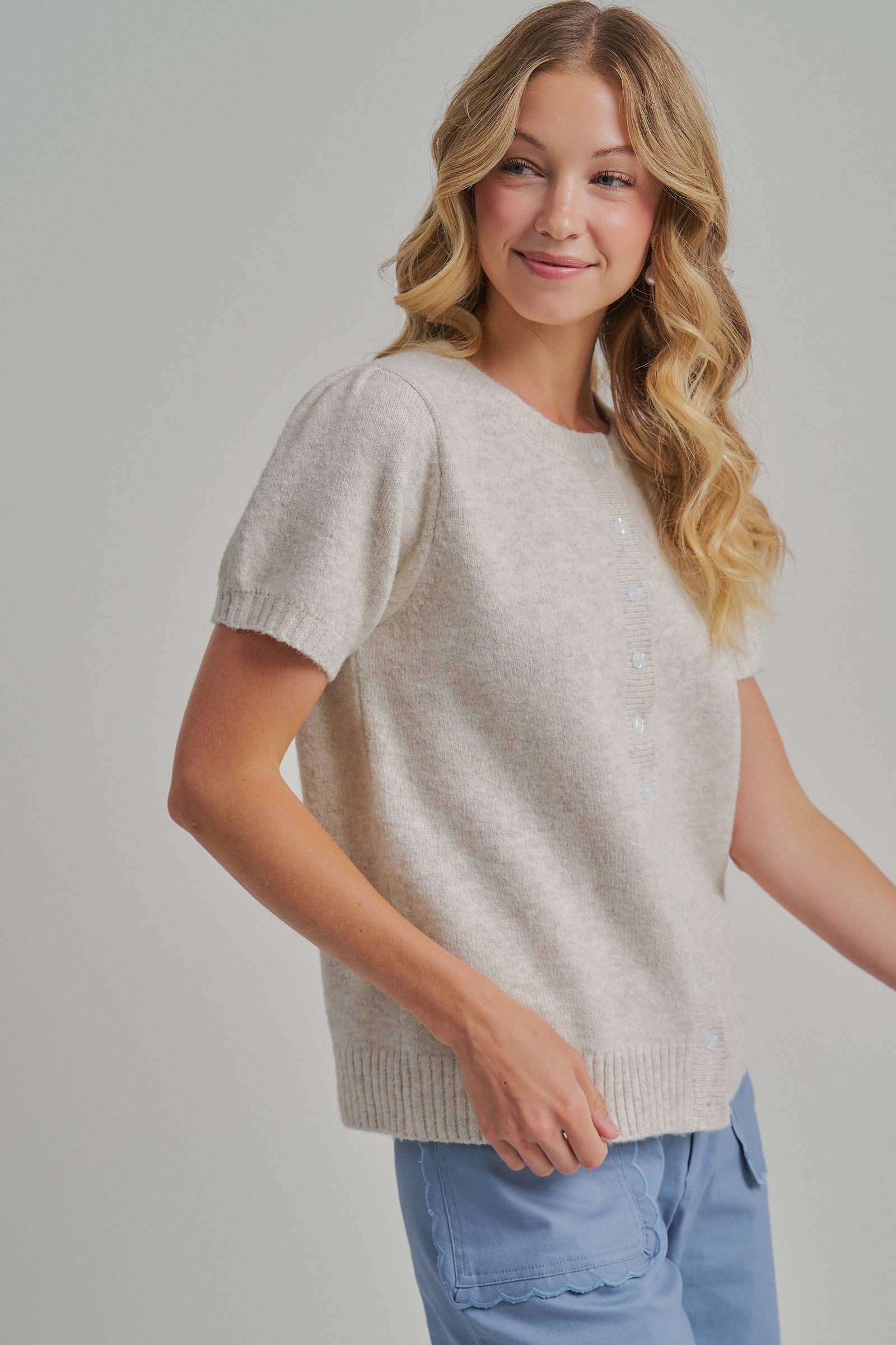 SHORT SLEEVE RELAXED FIT CARDIGAN _JLT00295-01: OATMEAL / S-M-L(2-2-2)