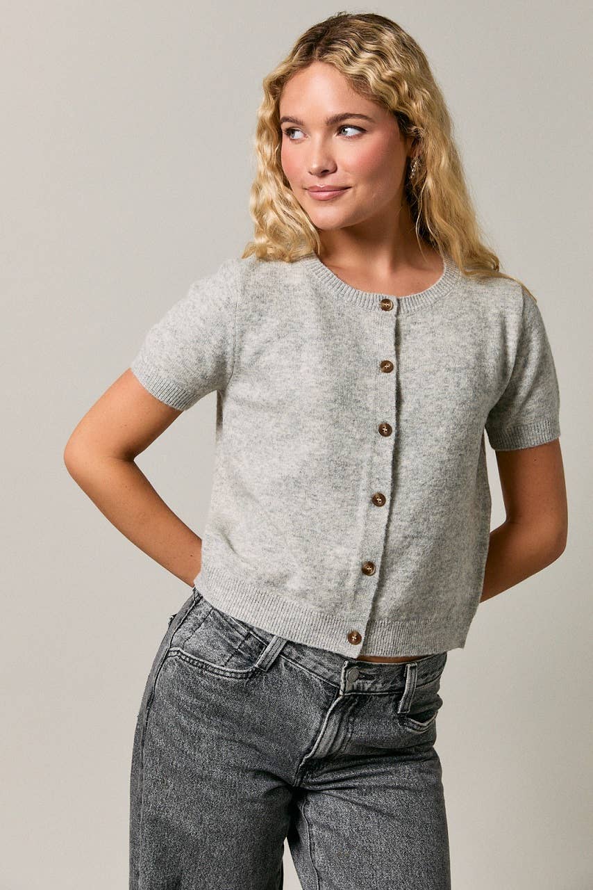 SHORT SLEEVE CREW NECK CROP SWEATER TOP: Burgundy / L