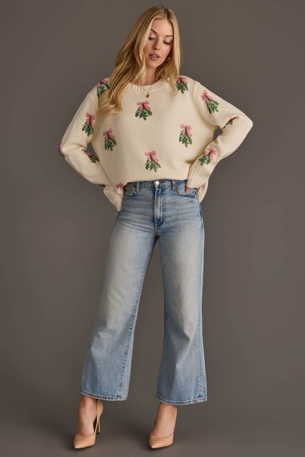 Ivory Tree Sweater with Pink Bows