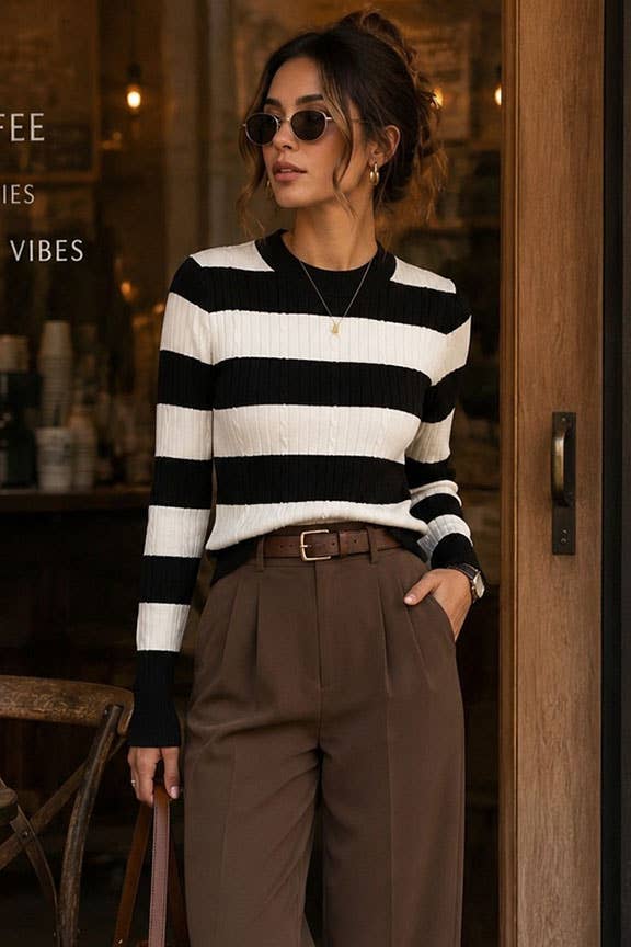 Stripe Cable Knit Sweater: Black/ivory / M