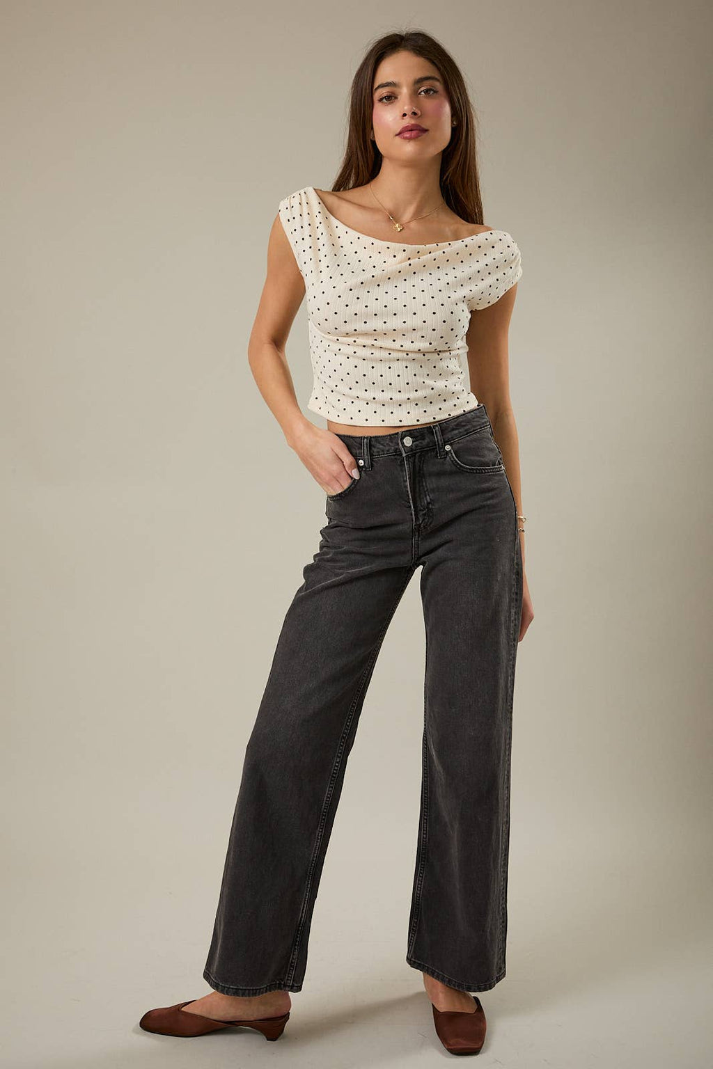 SLOUCHY SHOULDER SLEEVELESS POLKA DOT RIB TOP: INDIGO-WHITE DOT / M