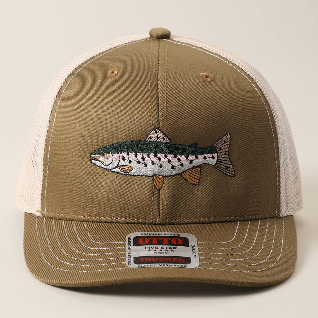 Rainbow Trout Fish Embroidered Mesh Back Trucker Hat: HeatherGray/HeatherGray/White / ONE SIZE