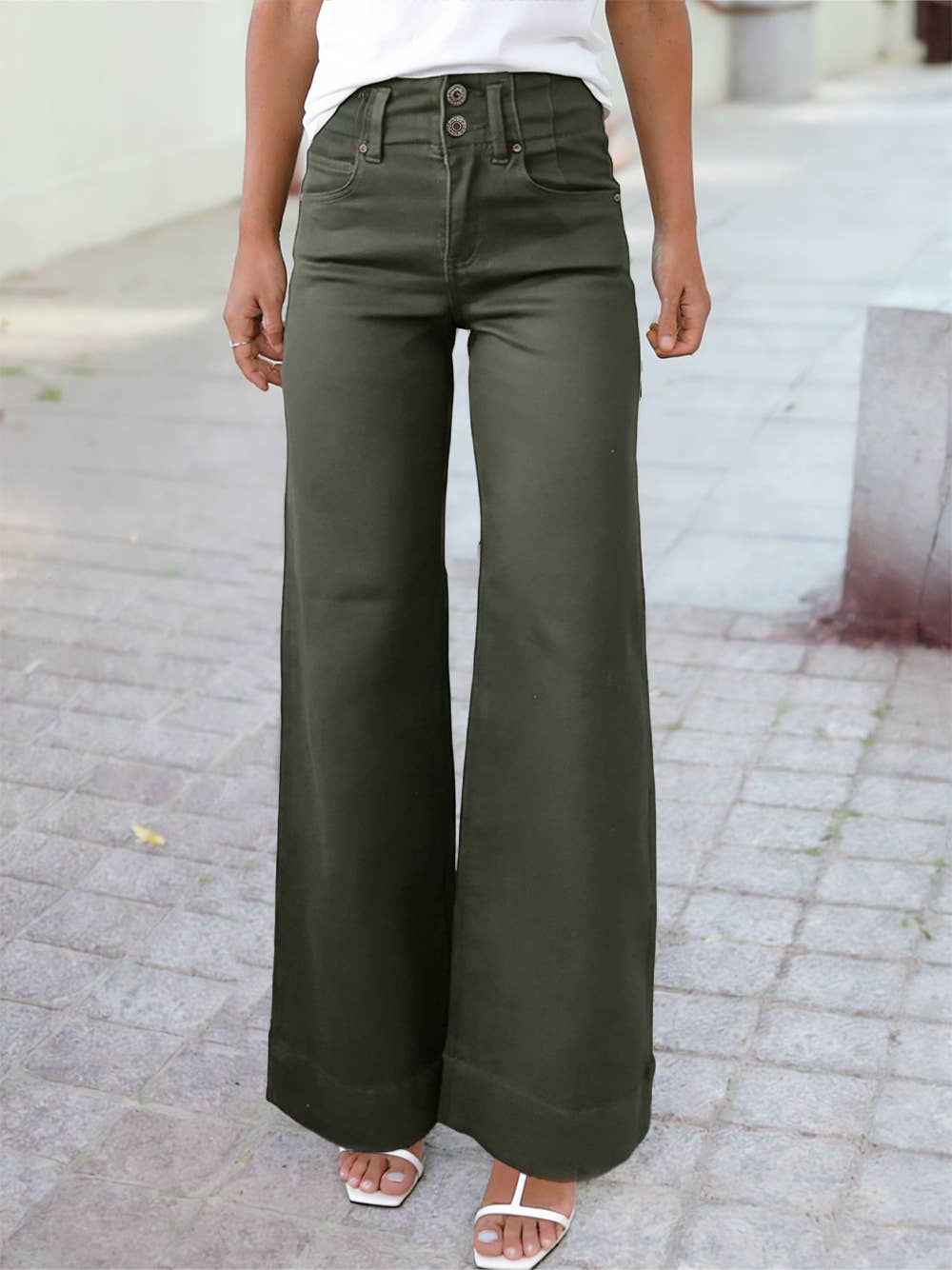 High Waisted Double Button Wide Leg Elastic Denim Jeans: Black / 4