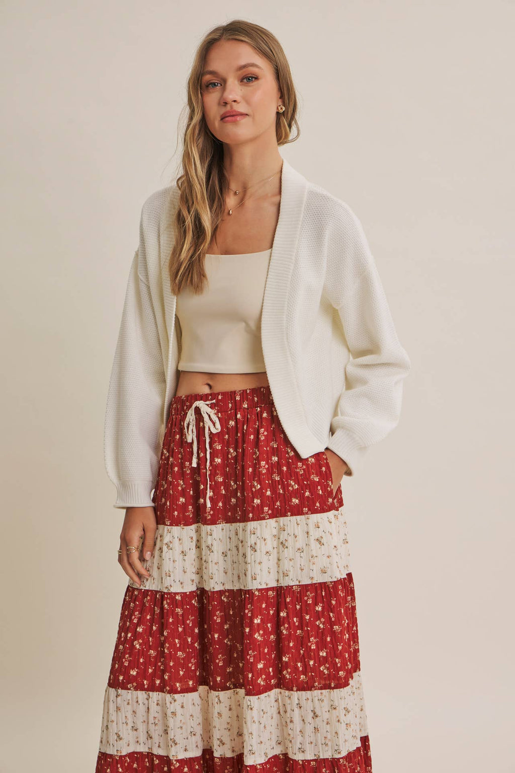 EVERYDAY ESEENTIAL EASY LAYERING BALLOON SLV WAFFLE CARDIGAN: OLIVE / S