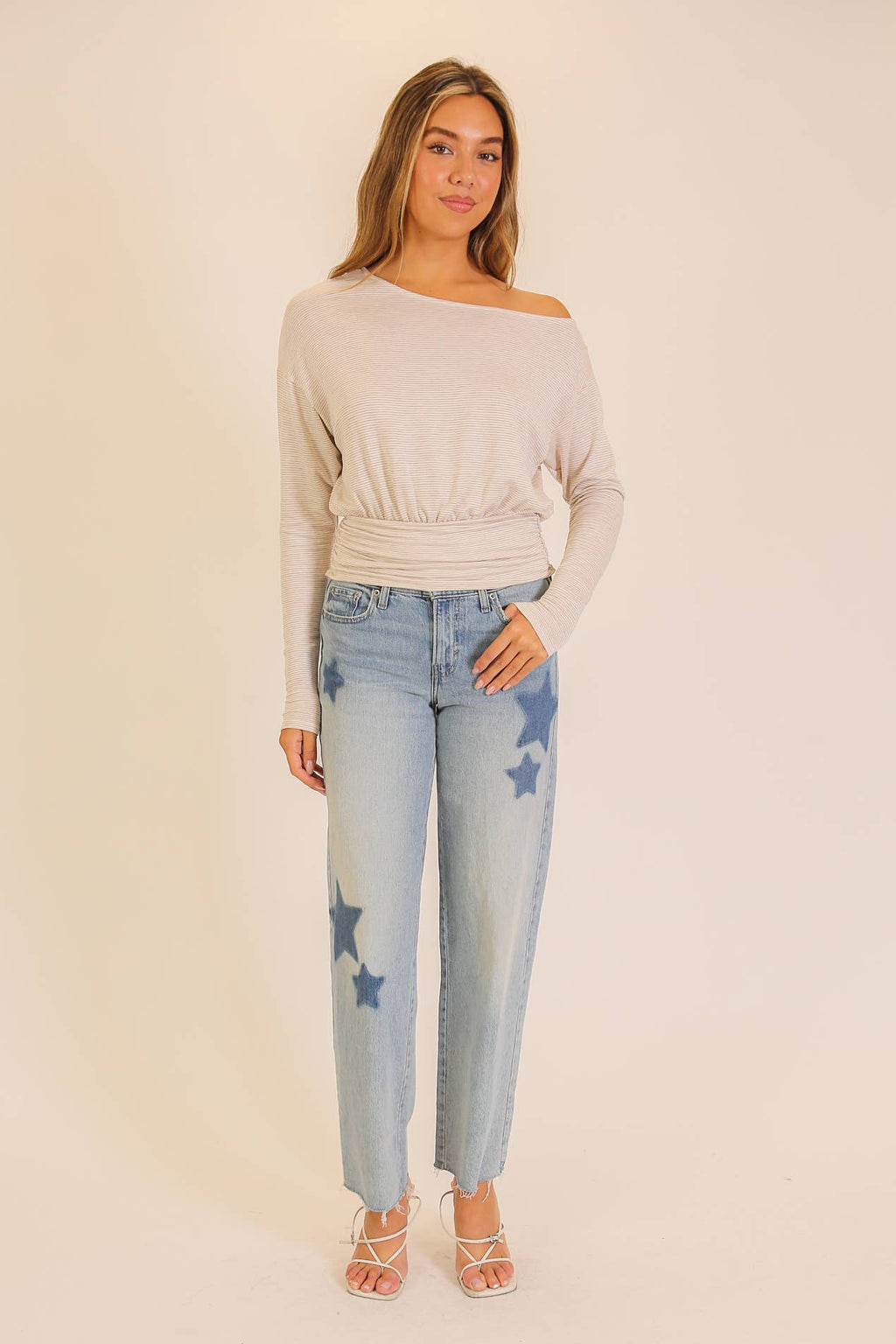 Striped One-Shoulder Ruched Waist Top