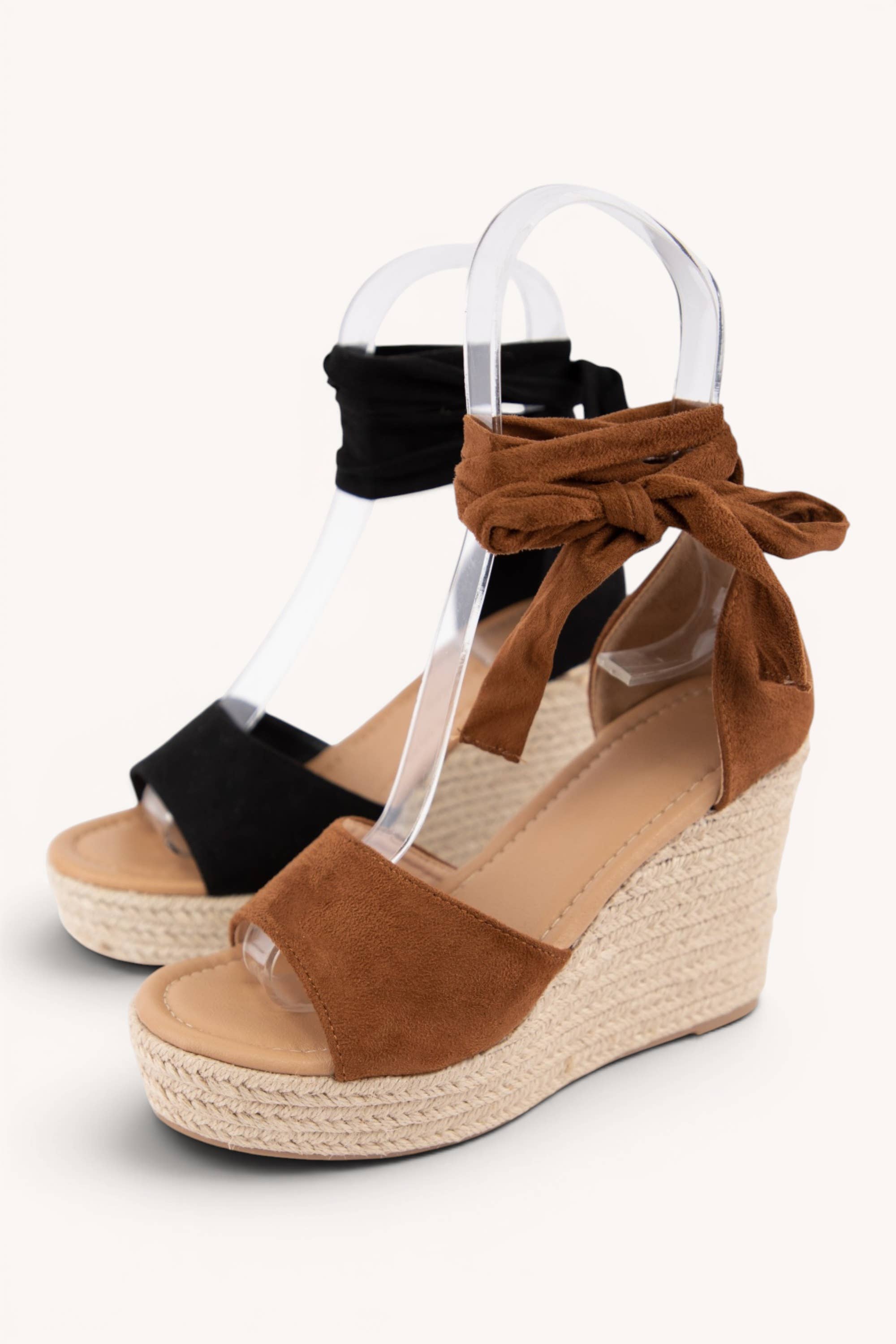 CHELLA-42 Summer Tie-Up Espadrille Wedges: BLACK / A12