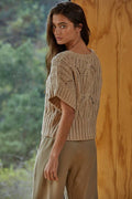 W1124 | Knit Sweater Crochet Round Neck Short Sleeve Top: Taupe / Large