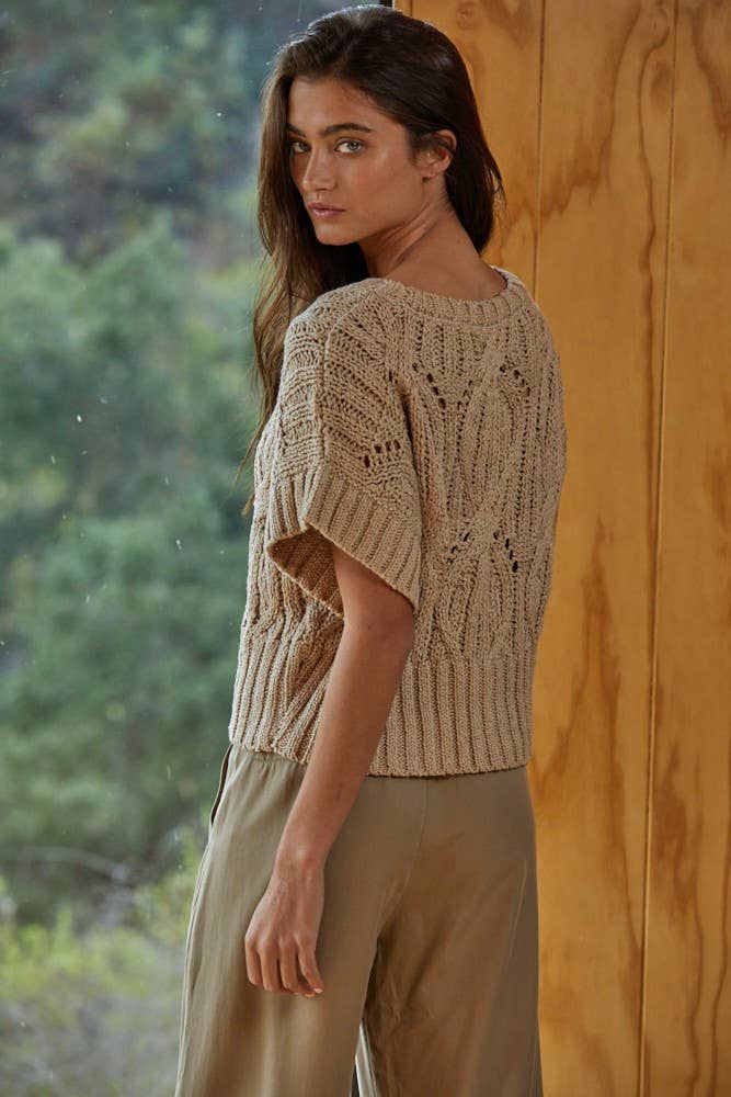 W1124 | Knit Sweater Crochet Round Neck Short Sleeve Top: Taupe / Large