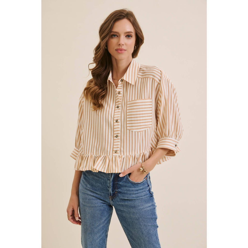 YEAR-ROUND CLASSIC COTTON STRIPE BUTTON-DOWN PEPLUM SHIRT: CLOVER GREEN / S