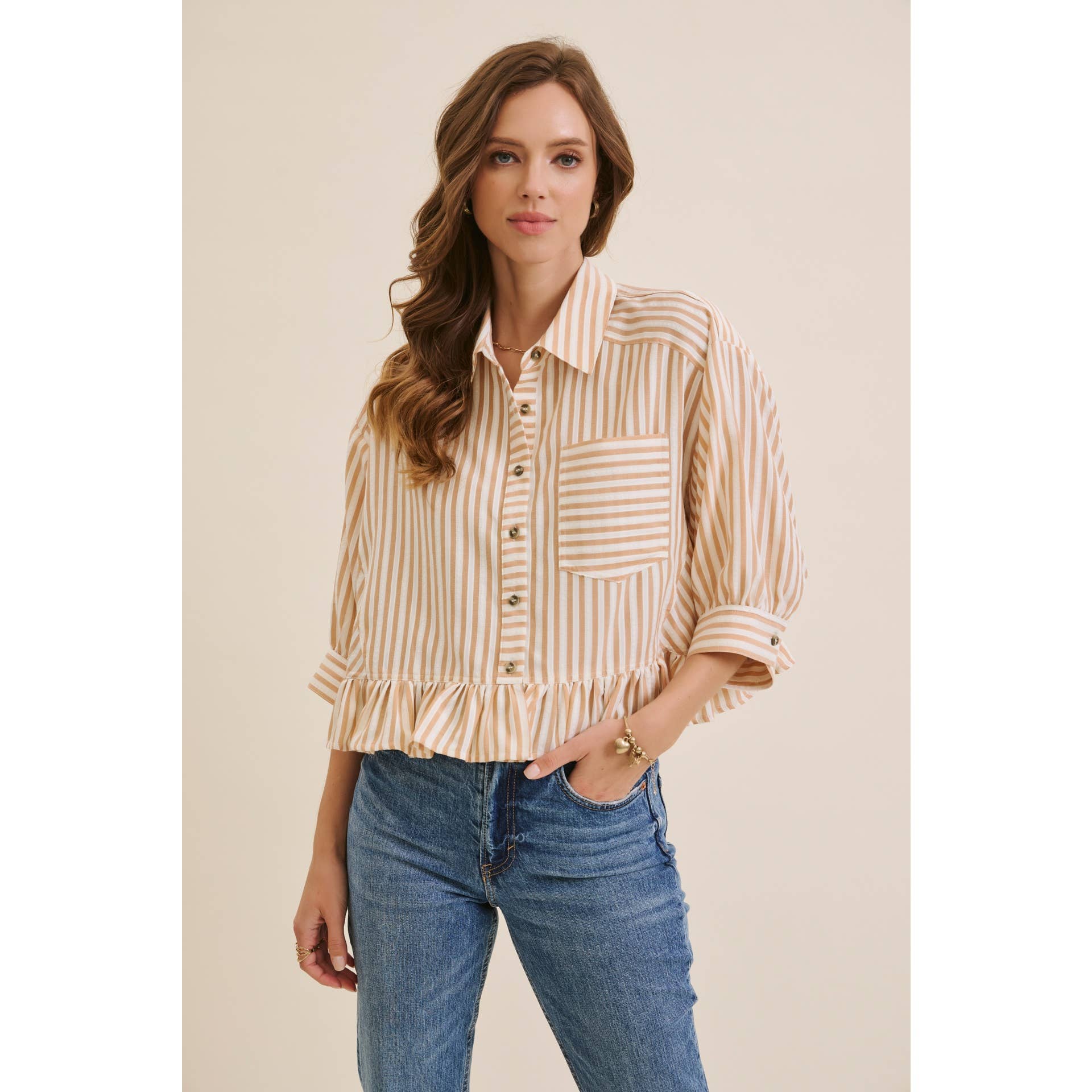 YEAR-ROUND CLASSIC COTTON STRIPE BUTTON-DOWN PEPLUM SHIRT: CLOVER GREEN / S