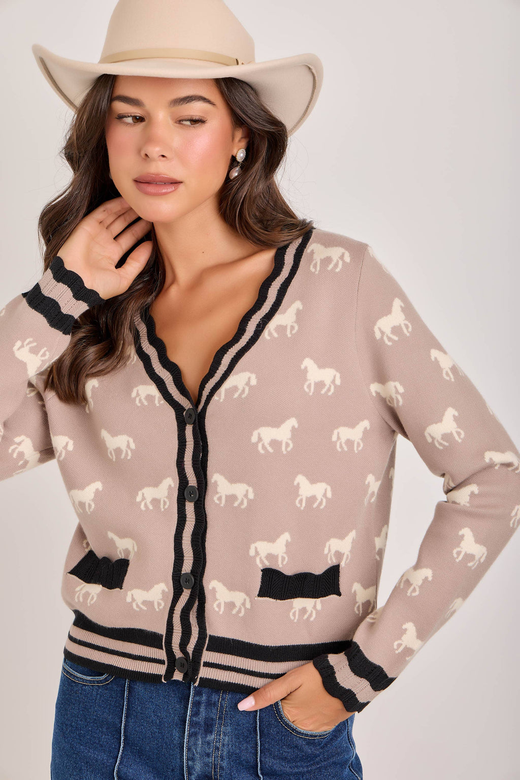 SUPER SOFT HORSE PRINT KNIT CARDIGAN_JLT00386-01: OATMEAL COMBO / S-M-L(2-2-2)