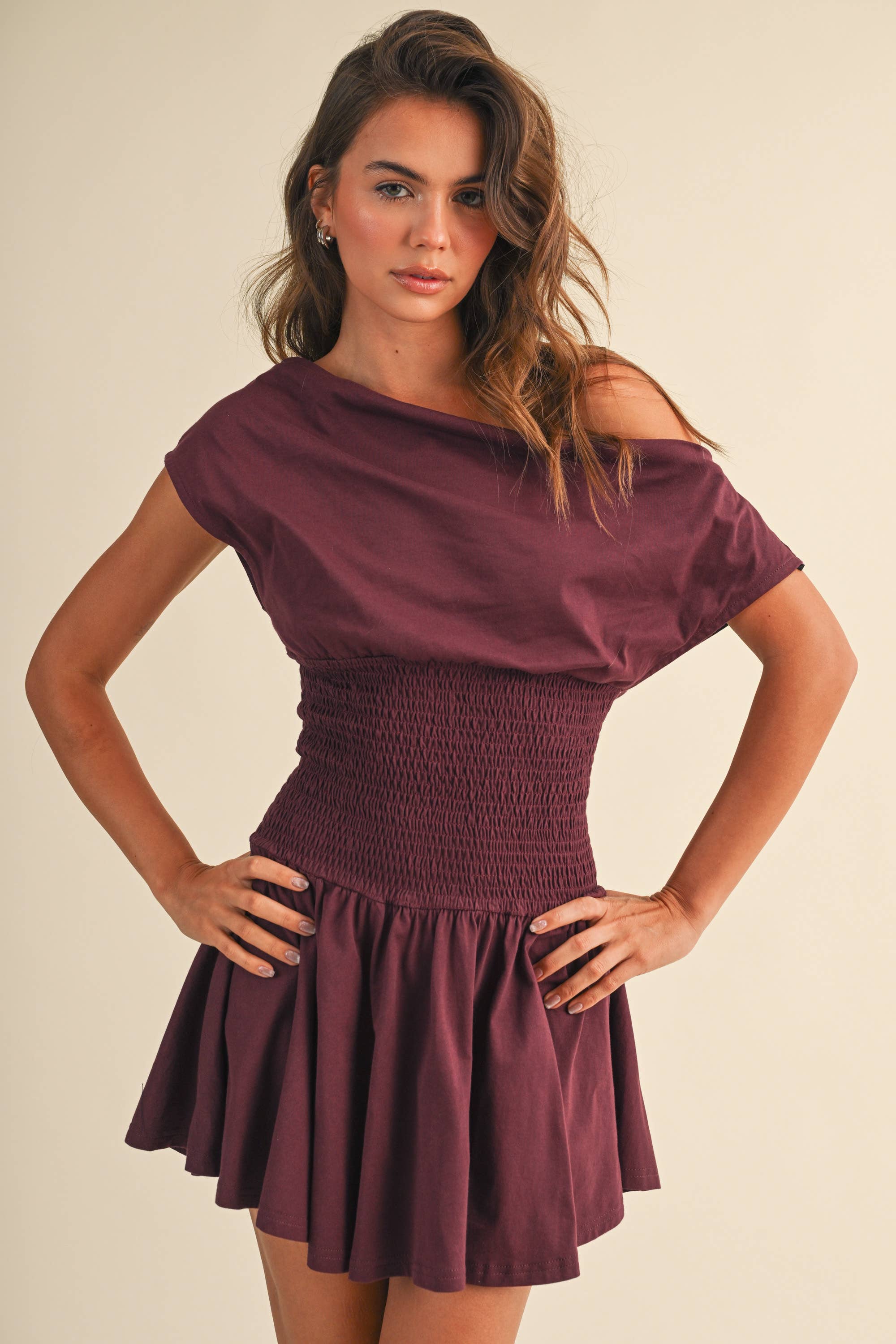 OFF SHOULDER SMOCKED WAIST MINI DRESS