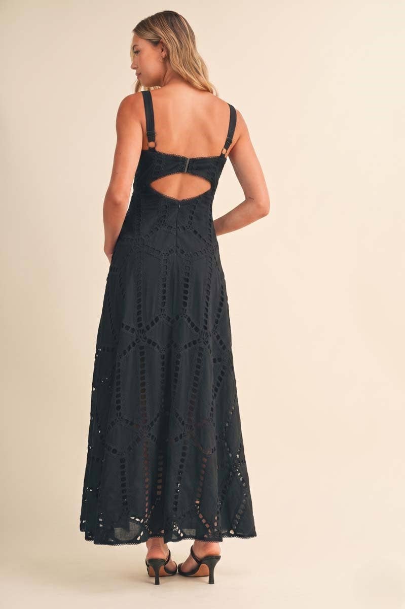 ID10399 EMBROIDERED CUTWORK BUSTIER FLARE LONG DRESS WITH MI: Black / L