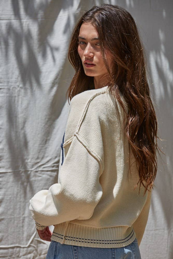 Knit Sweater Pullover Top With Embroidered "USA"