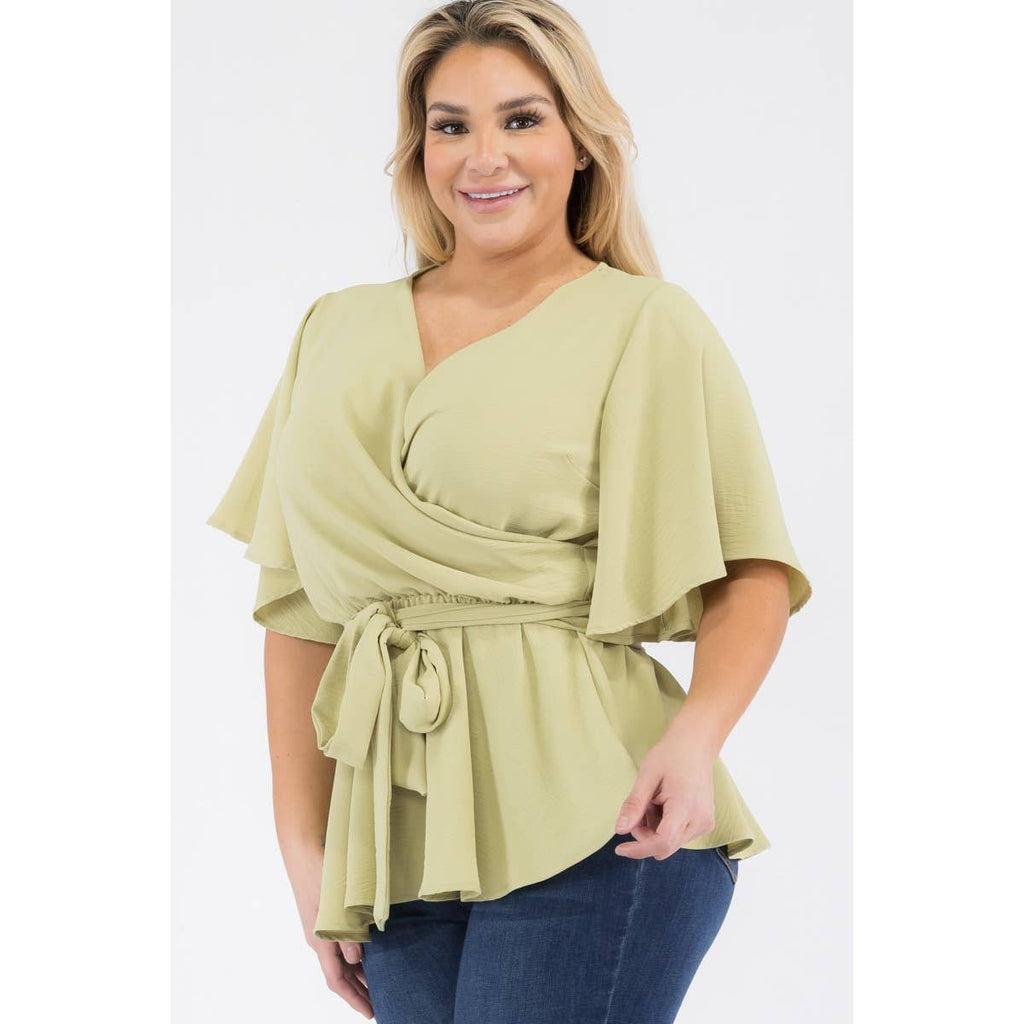 PLUS SIZE SURPLICE TIE WAIST PEPLUM BLOUSE: Black / 3X