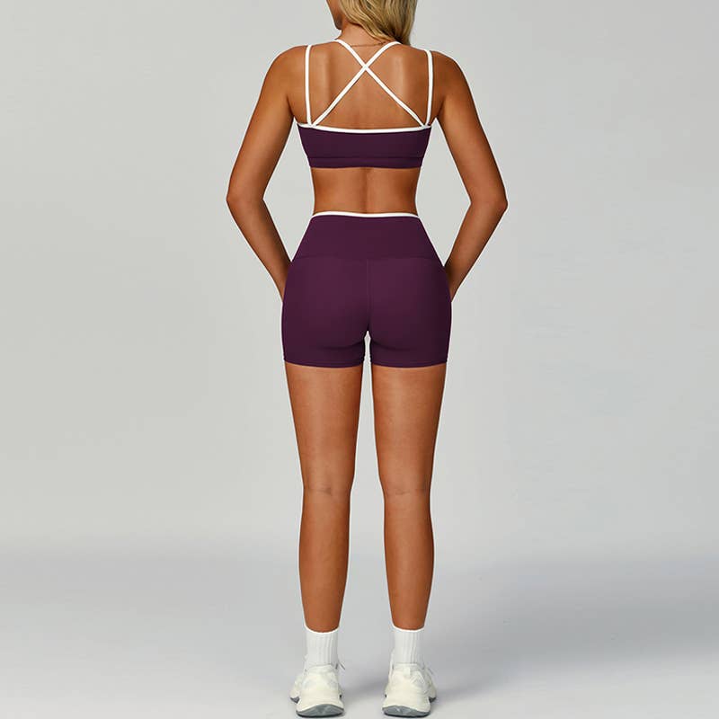 Contrasting Color Sports Bra + High Waist Shorts 2-piece Set