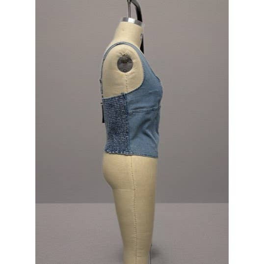 PLUS SIZE DENIM SQUARE NECK CORSET STYLE TANK TOP: Light Wash / 1X