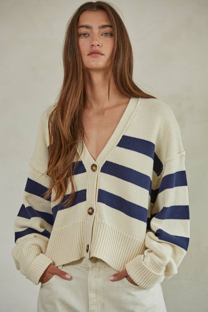 W1537 | Knit Sweater Striped Button Down Cardigan: Cream Navy / M