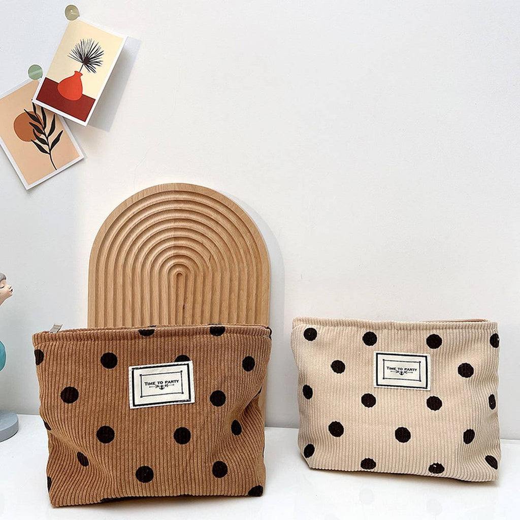CORDUROY RETRO POLKA DOT MAKEUP BAG STORAGE BAG_CWAB1220: White / (OS) 2