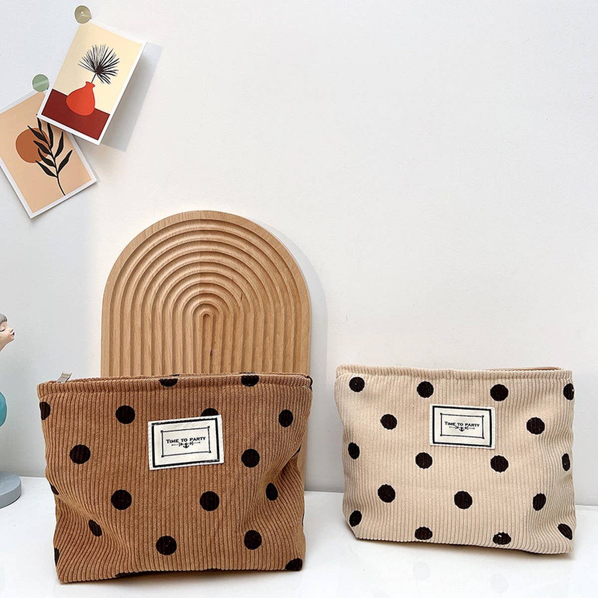 CORDUROY RETRO POLKA DOT MAKEUP BAG STORAGE BAG_CWAB1220: White / (OS) 2