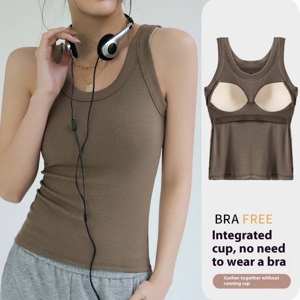 Ribbed Camisole Vest Tank Tops With Built In Bra_CWTTK0799: Black / (XL) 1